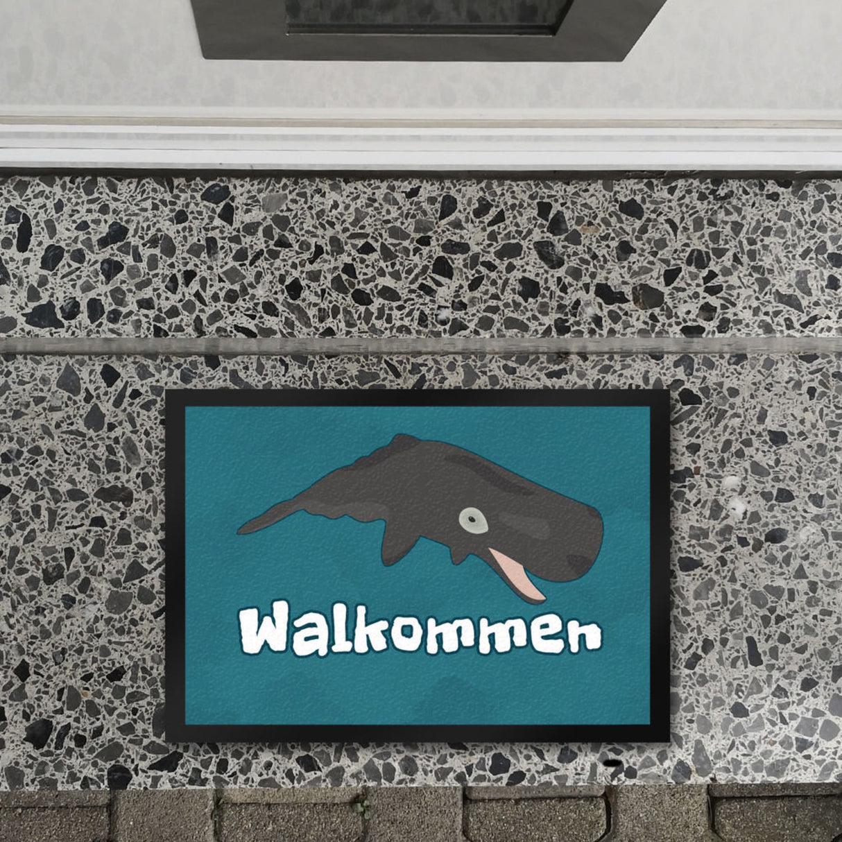 Blauwal Fußmatte in 35x50 cm mit Ozeanmotiv und Spruch Walkommen