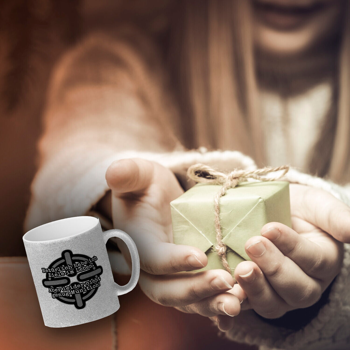 Kaffeebecher mit Spruch: Ziele im Leben, nicht genug Munition! Fadenkreuz
