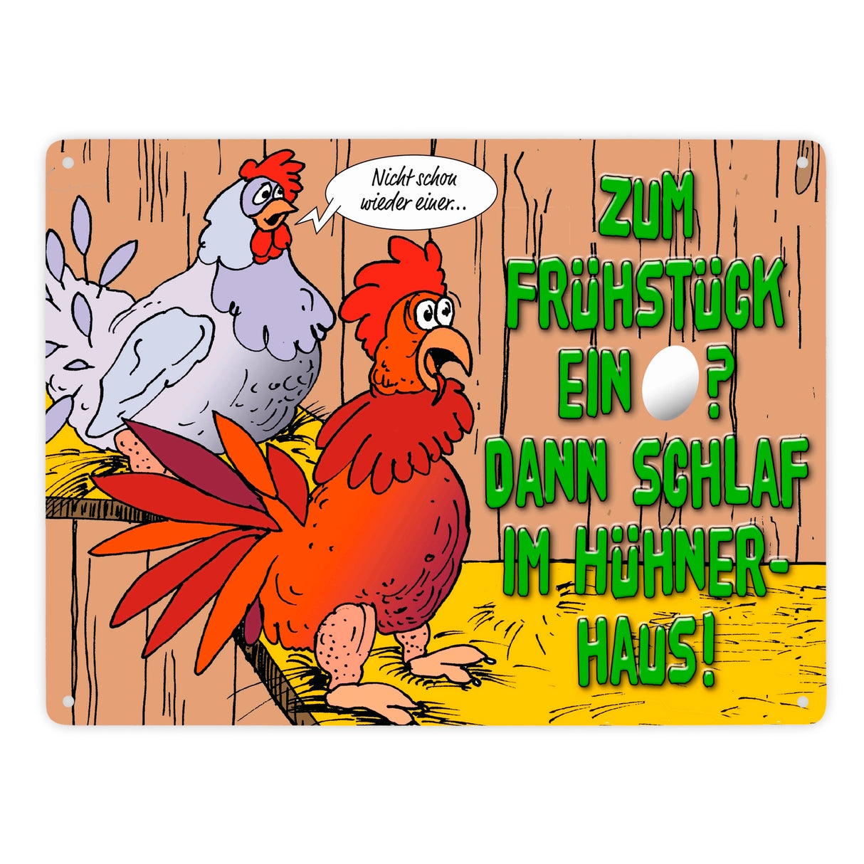 Metallschild Frühstücksei mit Hühnern und Spruch Hünerhaus Henne schlafen