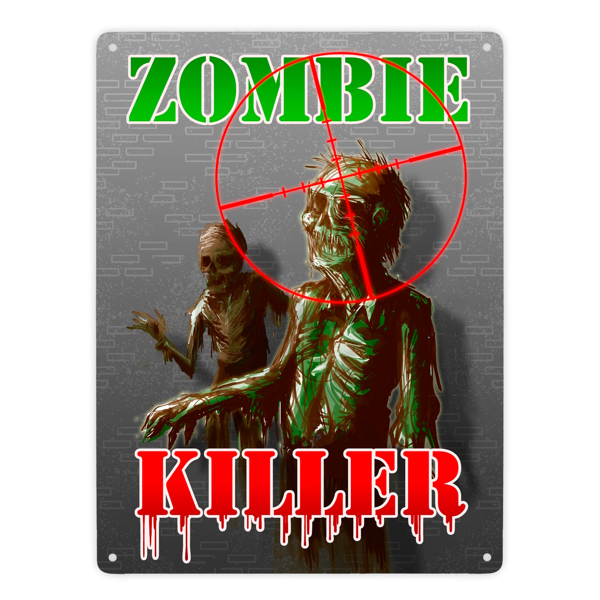 Metallschild Zombie Killer mit Fadekreuz und zwei Zombies im Comic-Design