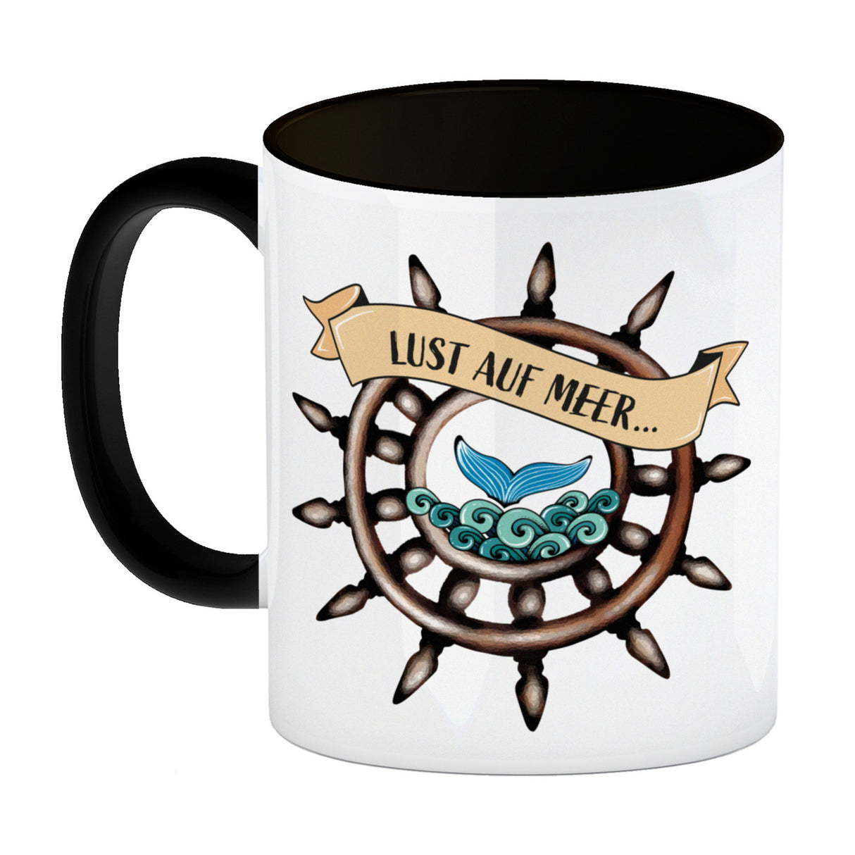 Kaffeebecher Lust auf Meer mit maritimen Motiv Flosse Steuerrad Meer Wellen