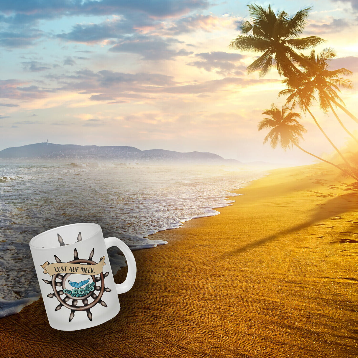 Kaffeebecher Lust auf Meer mit maritimen Motiv Flosse Steuerrad Meer Wellen