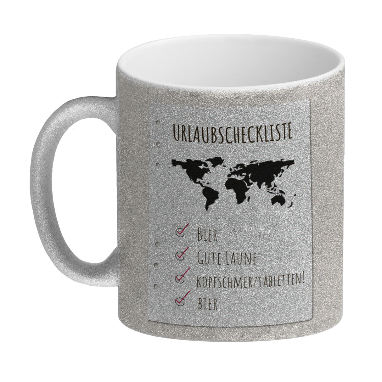 Kaffeebecher Urlaubscheckliste für Partyurlaub mit Weltkarte