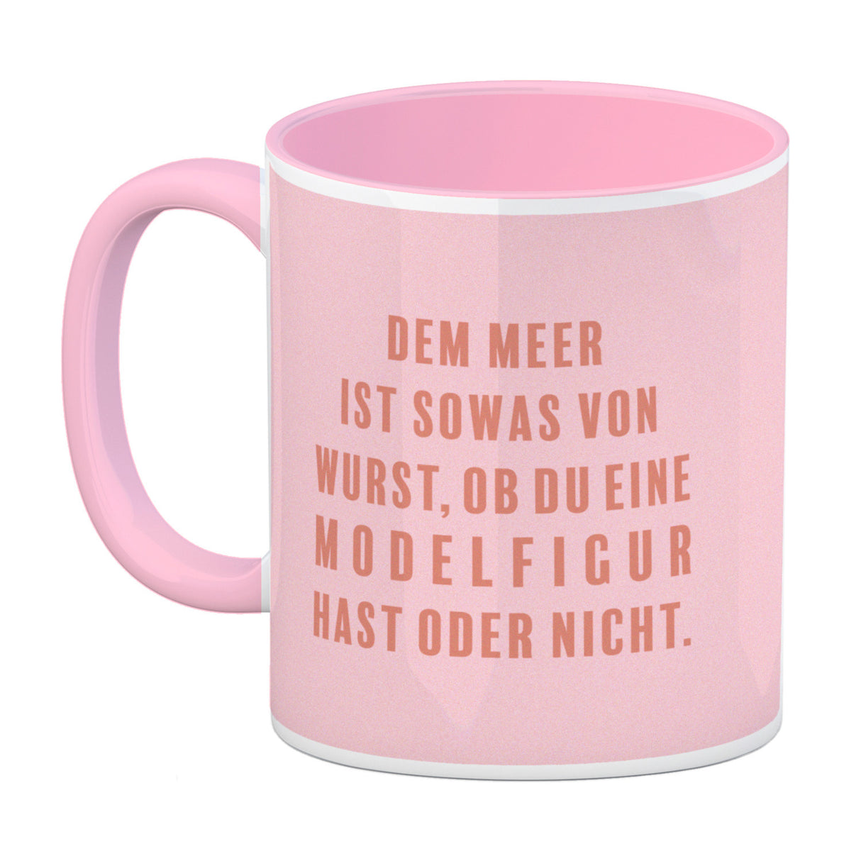 Kaffeebecher mit lustigem Spruch zum Thema Modelfigur und Comic-Dame im Badeanzug