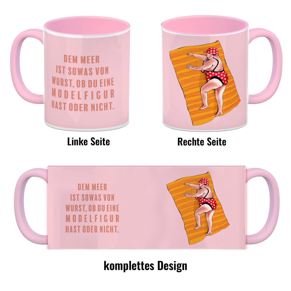 Kaffeebecher mit lustigem Spruch zum Thema Modelfigur und Comic-Dame im Badeanzug