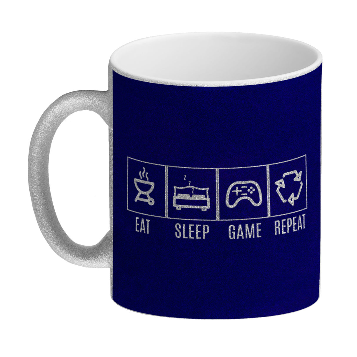EAT, SLEEP, GAME, REPEAT Kaffeebecher mit blauem Hintergrund