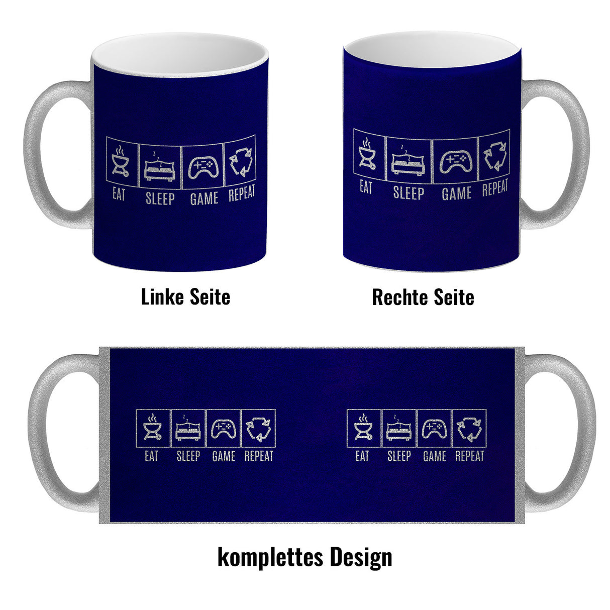 EAT, SLEEP, GAME, REPEAT Kaffeebecher mit blauem Hintergrund