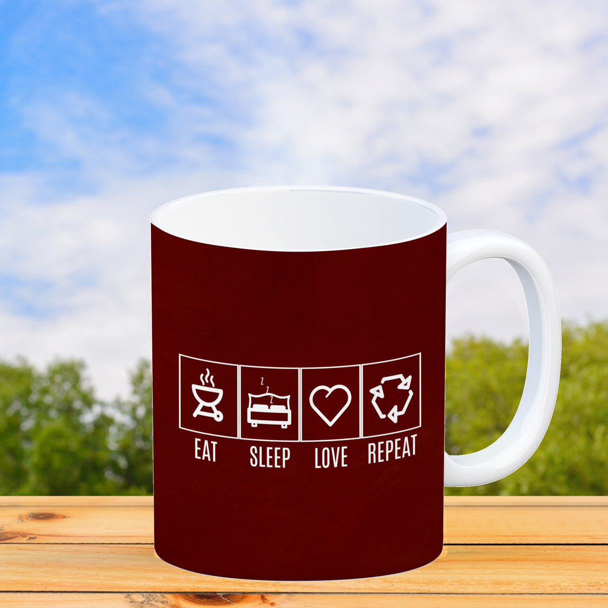 EAT, SLEEP, GAME, REPEAT Kaffeebecher mit blauem Hintergrund