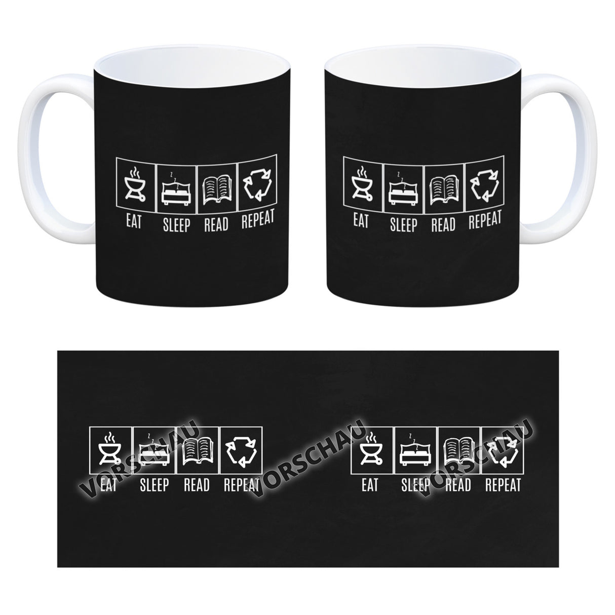 EAT, SLEEP, GAME, REPEAT Kaffeebecher mit blauem Hintergrund