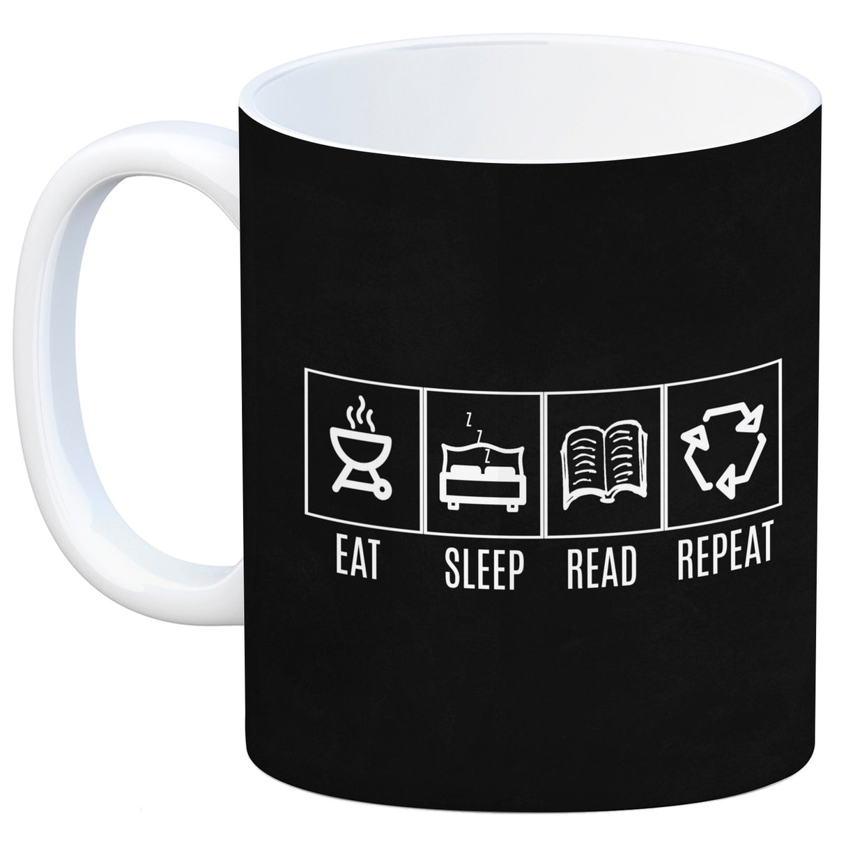 EAT, SLEEP, GAME, REPEAT Kaffeebecher mit blauem Hintergrund