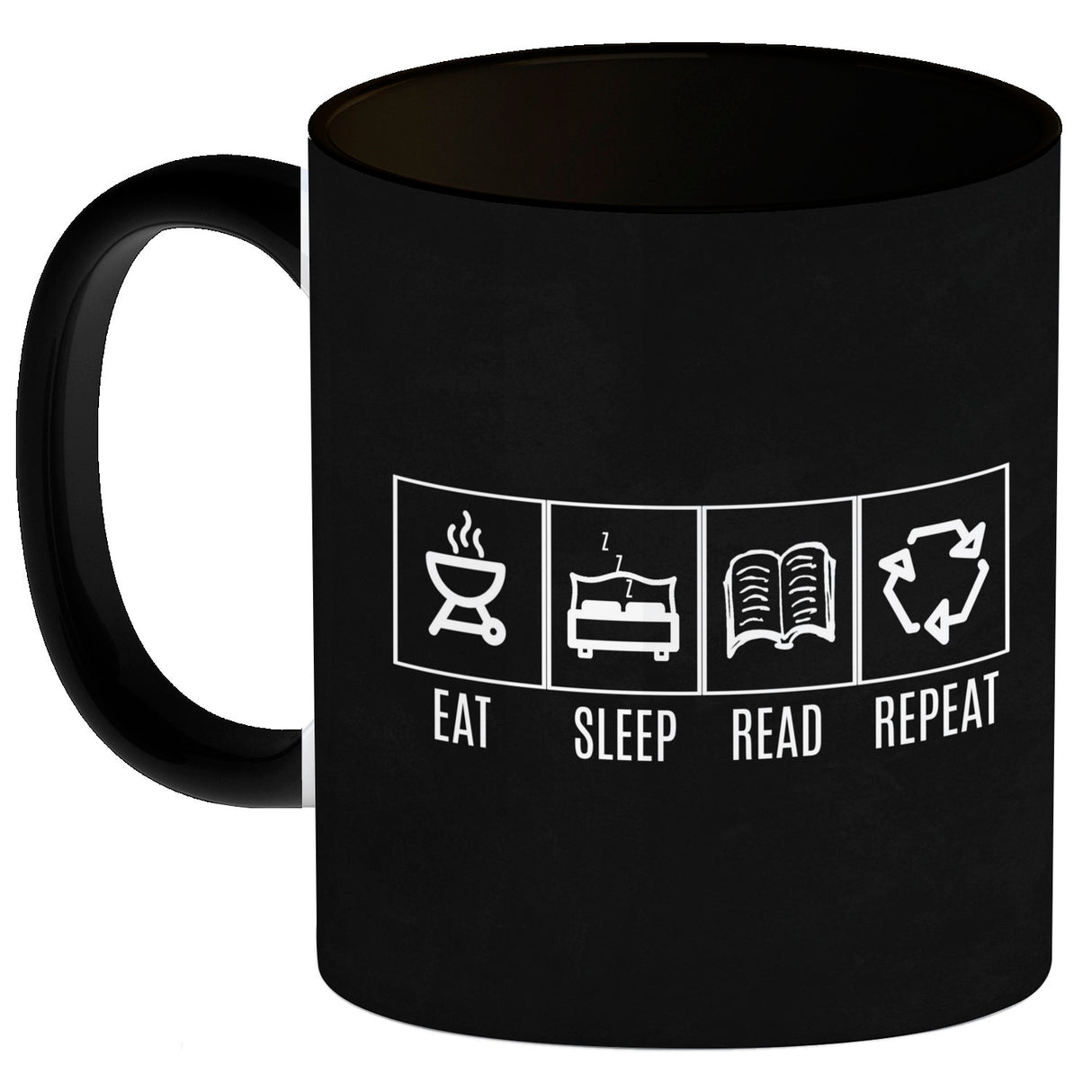 EAT, SLEEP, GAME, REPEAT Kaffeebecher mit blauem Hintergrund