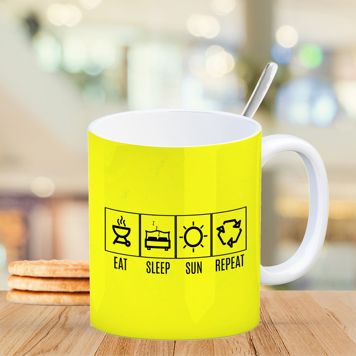 EAT, SLEEP, GAME, REPEAT Kaffeebecher mit blauem Hintergrund