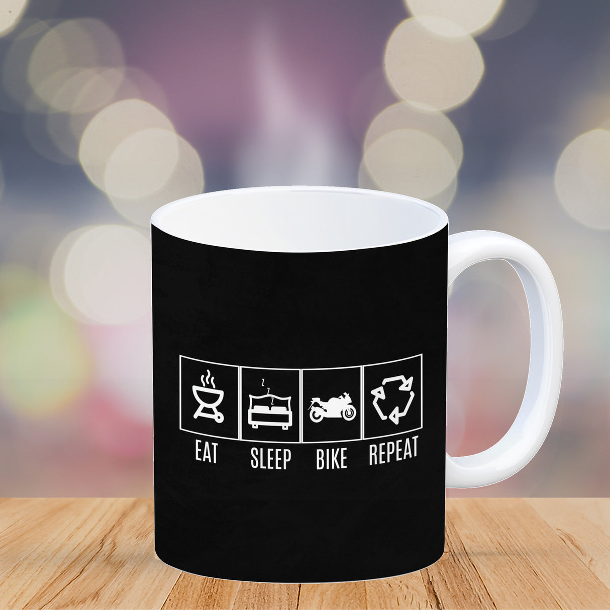EAT, SLEEP, GAME, REPEAT Kaffeebecher mit blauem Hintergrund