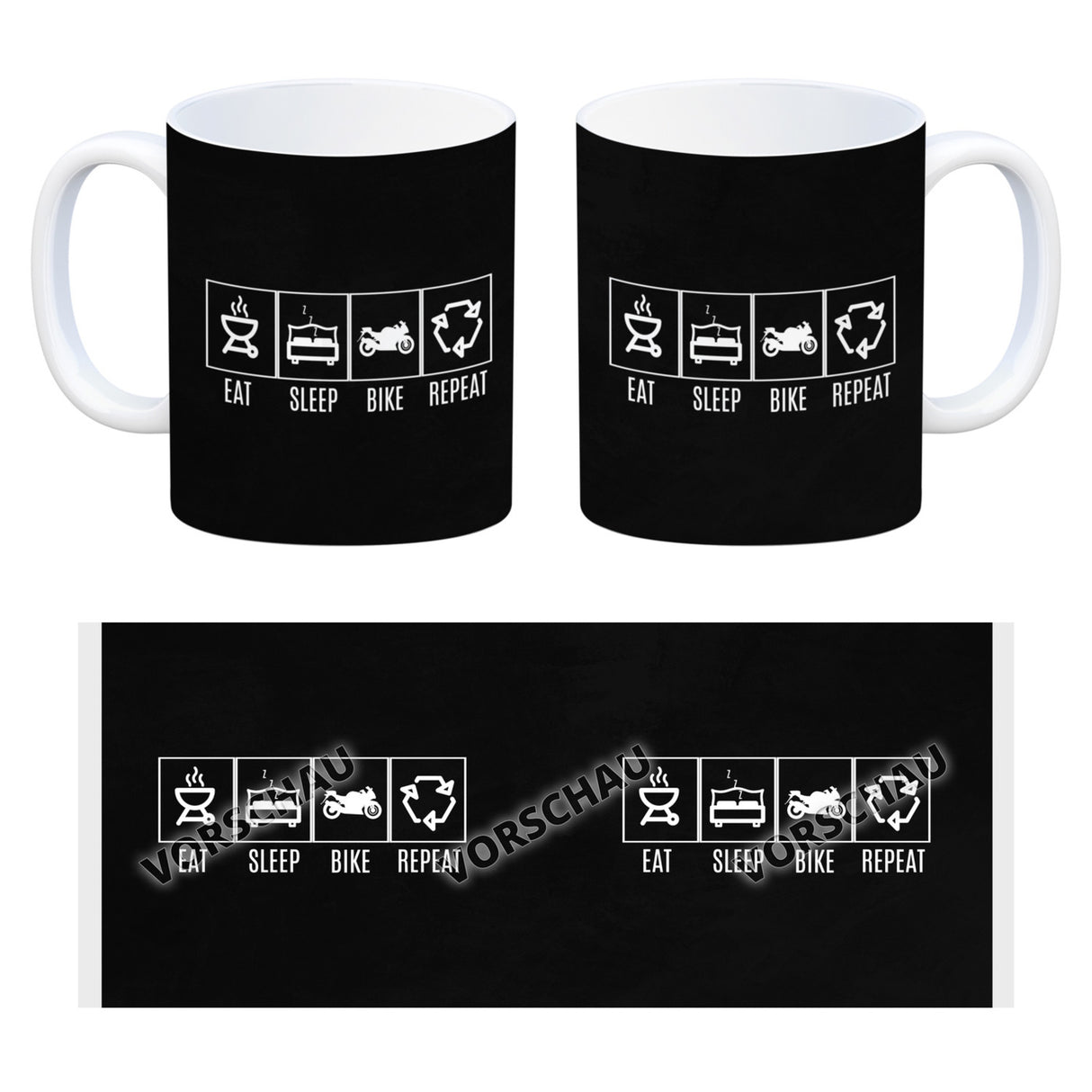 EAT, SLEEP, GAME, REPEAT Kaffeebecher mit blauem Hintergrund