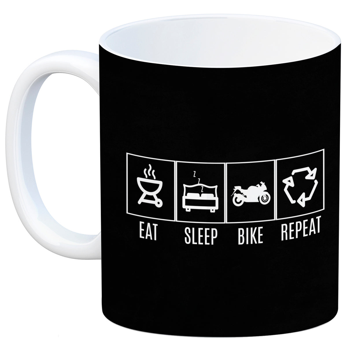 EAT, SLEEP, GAME, REPEAT Kaffeebecher mit blauem Hintergrund