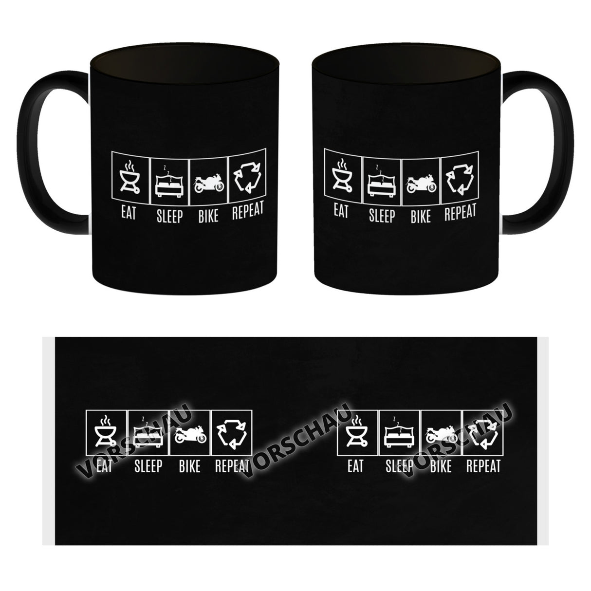 EAT, SLEEP, GAME, REPEAT Kaffeebecher mit blauem Hintergrund