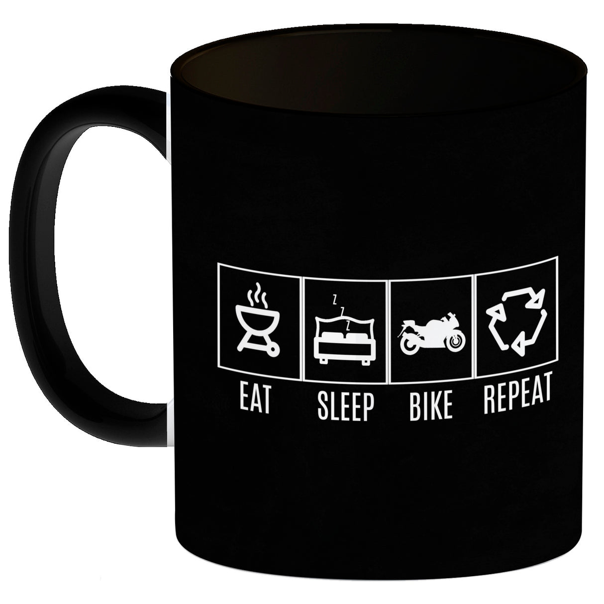 EAT, SLEEP, GAME, REPEAT Kaffeebecher mit blauem Hintergrund