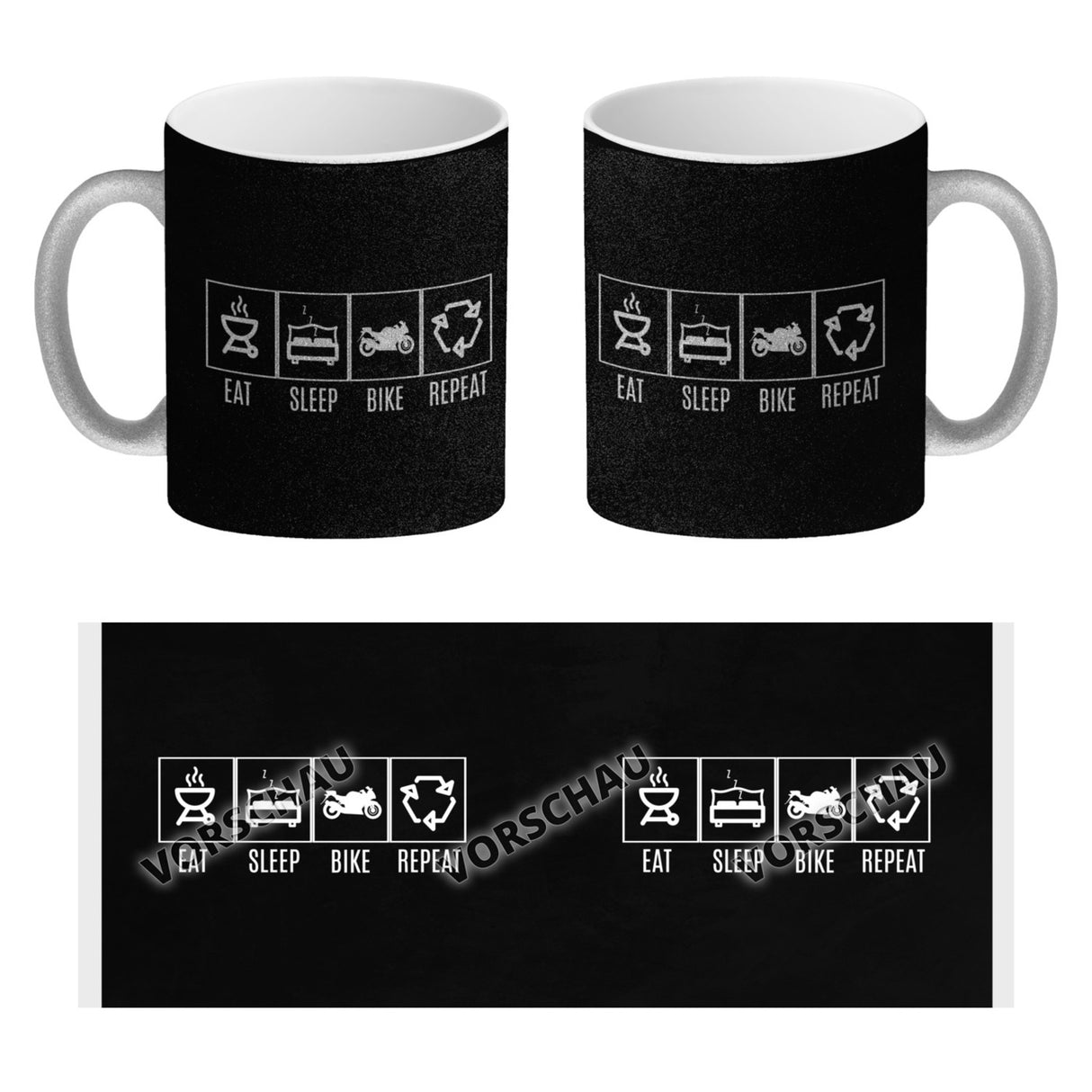 EAT, SLEEP, GAME, REPEAT Kaffeebecher mit blauem Hintergrund