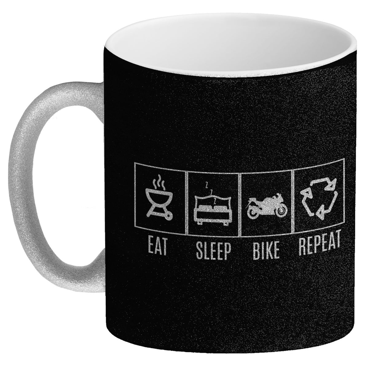 EAT, SLEEP, GAME, REPEAT Kaffeebecher mit blauem Hintergrund