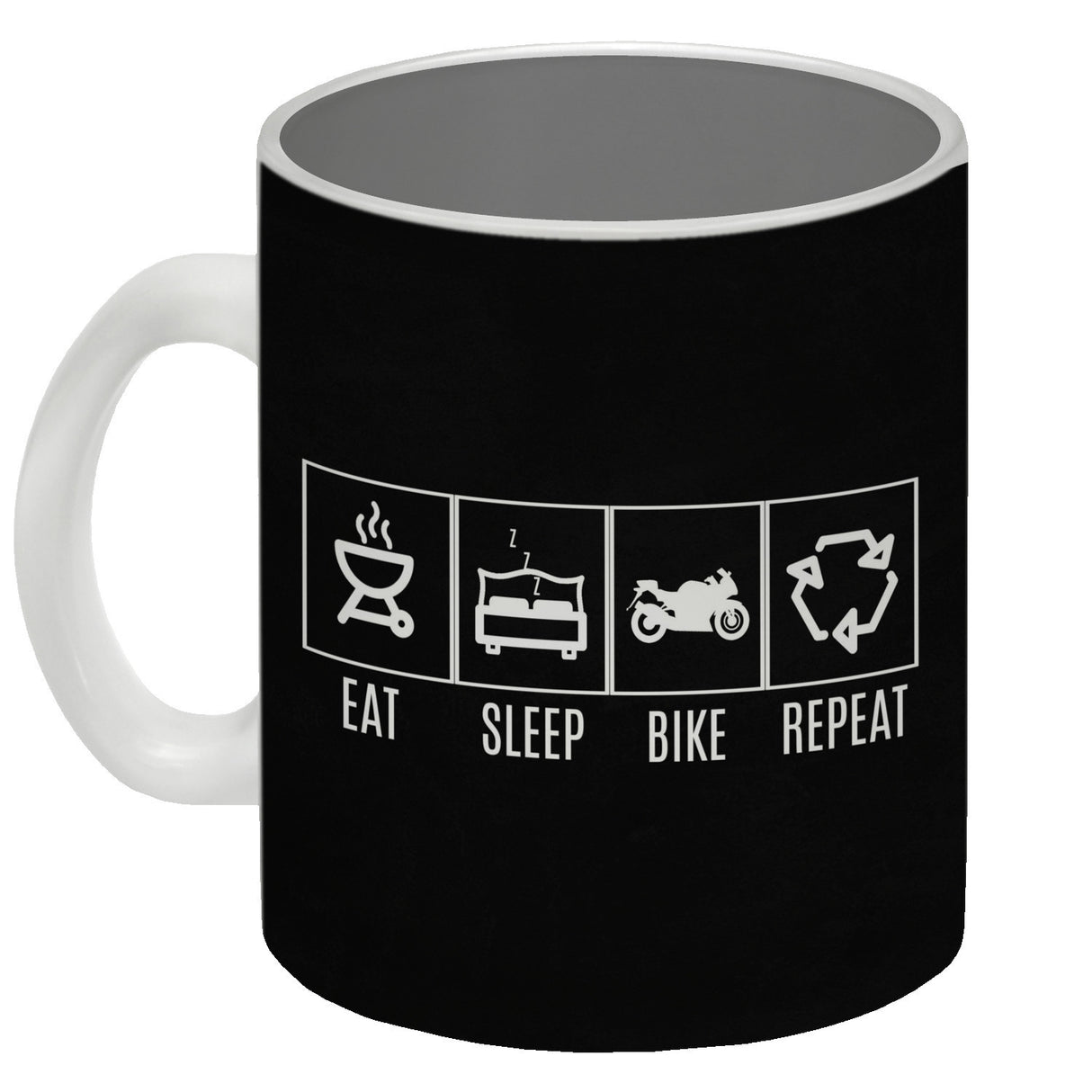 EAT, SLEEP, GAME, REPEAT Kaffeebecher mit blauem Hintergrund