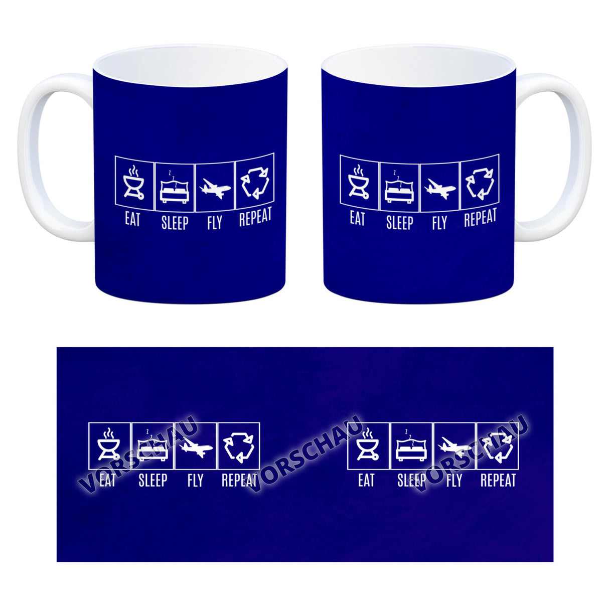 EAT, SLEEP, GAME, REPEAT Kaffeebecher mit blauem Hintergrund