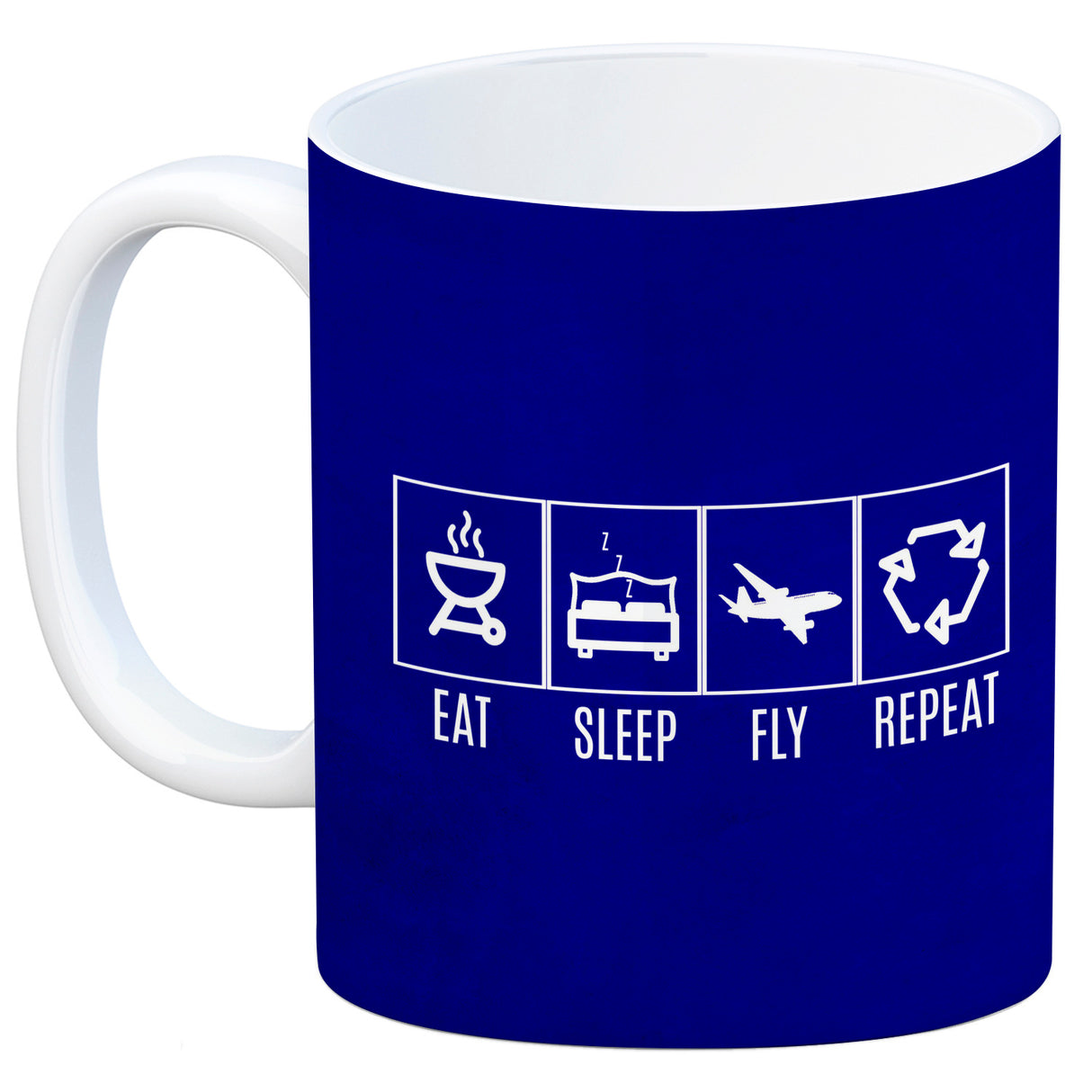 EAT, SLEEP, GAME, REPEAT Kaffeebecher mit blauem Hintergrund