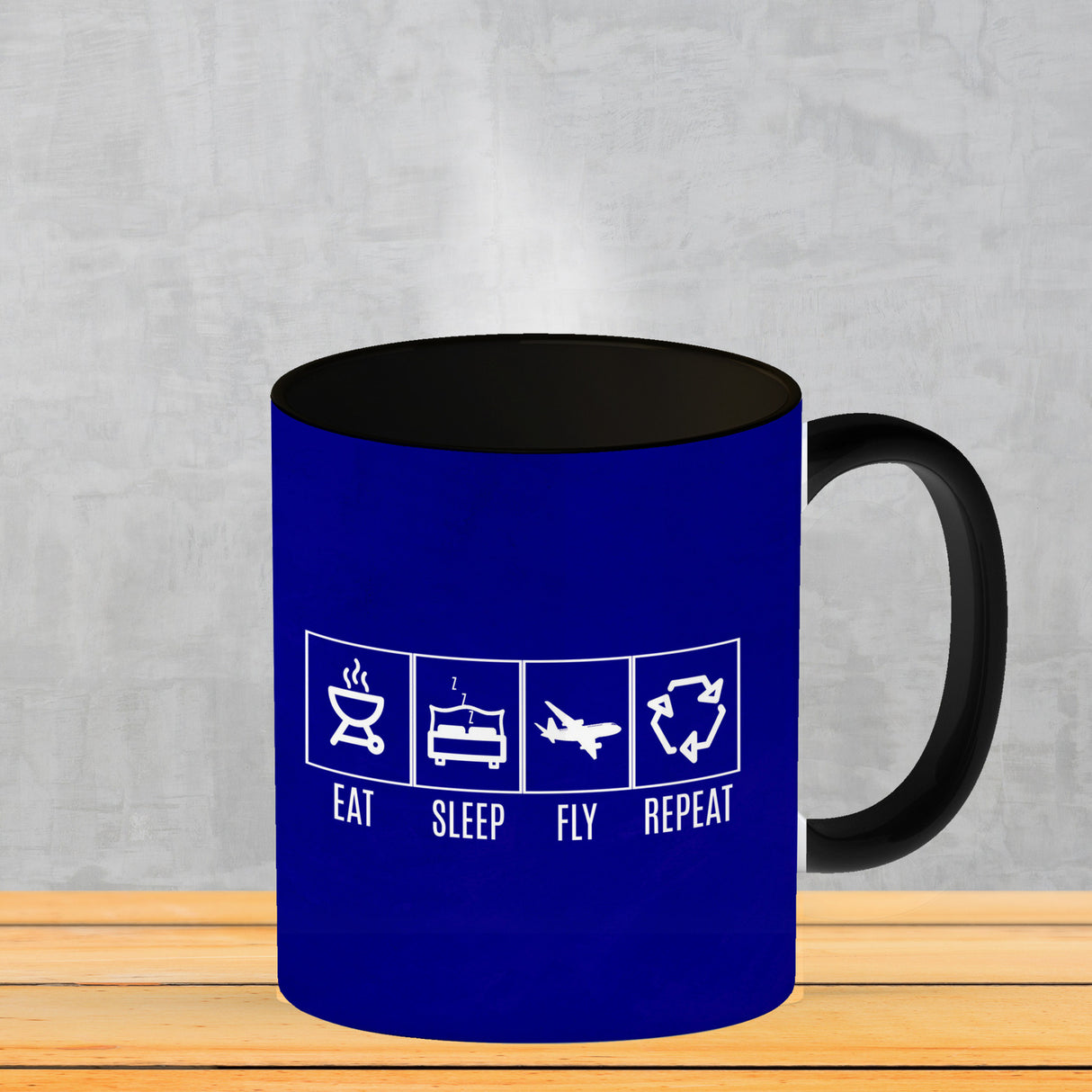 EAT, SLEEP, GAME, REPEAT Kaffeebecher mit blauem Hintergrund