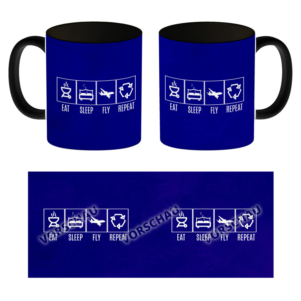 EAT, SLEEP, GAME, REPEAT Kaffeebecher mit blauem Hintergrund