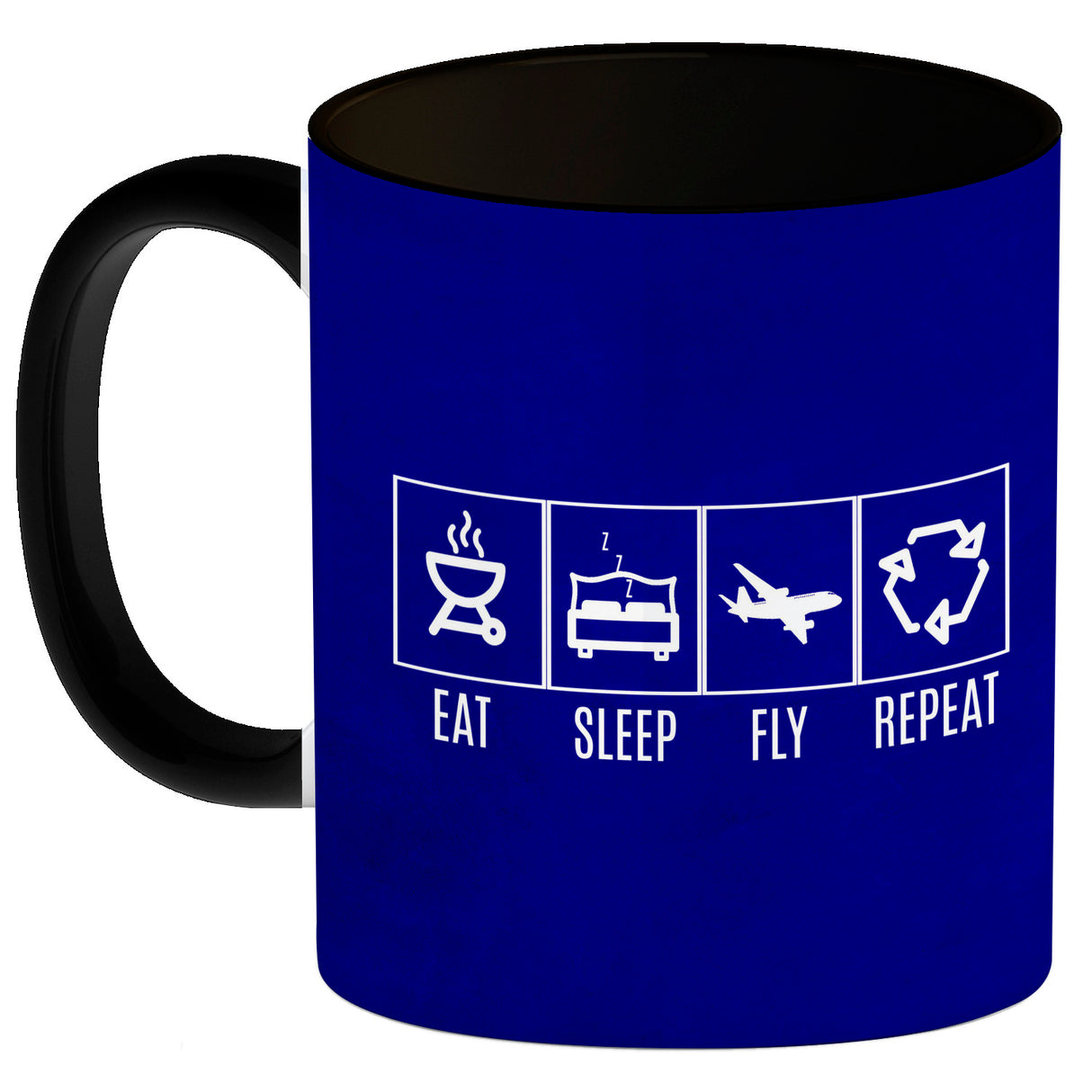 EAT, SLEEP, GAME, REPEAT Kaffeebecher mit blauem Hintergrund