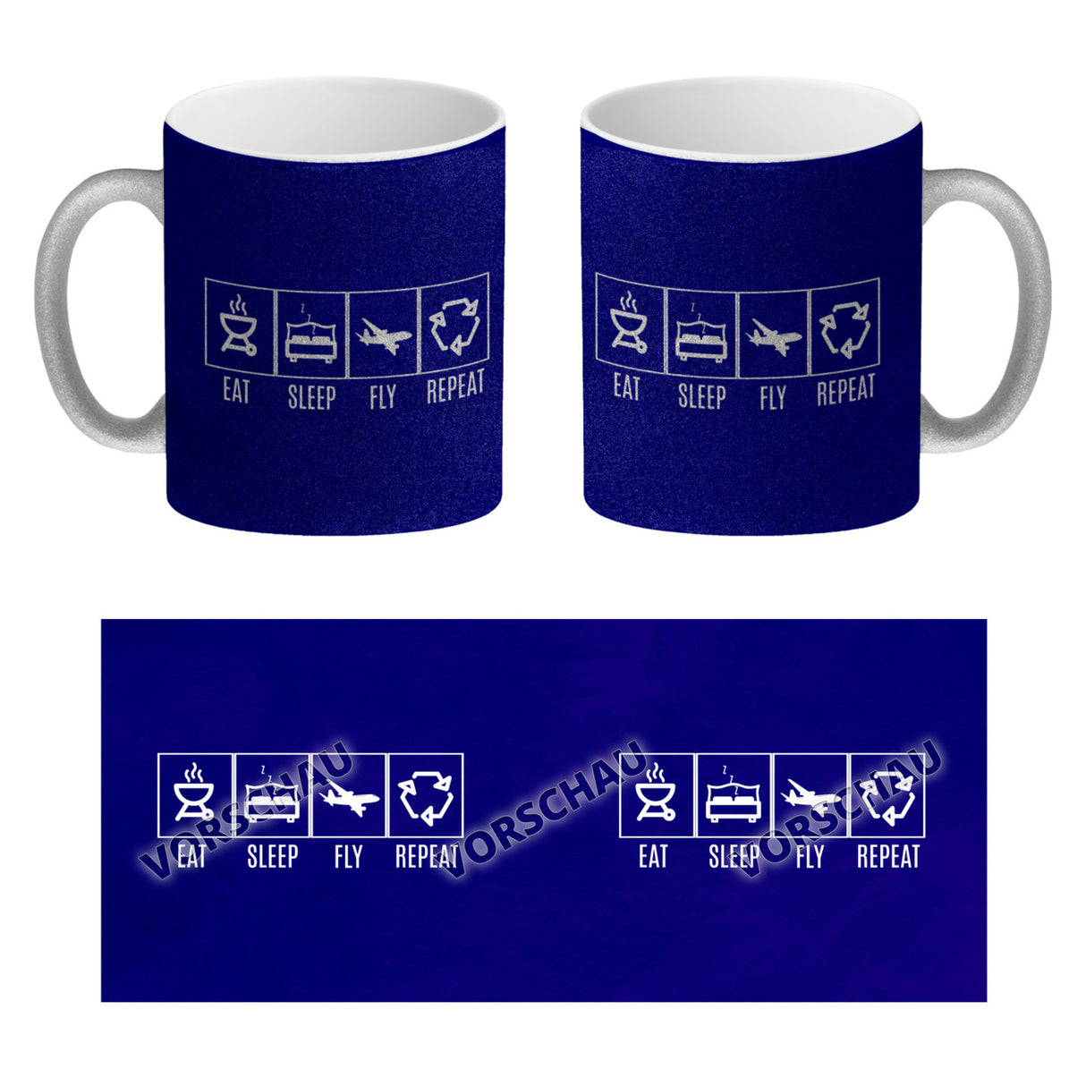 EAT, SLEEP, GAME, REPEAT Kaffeebecher mit blauem Hintergrund