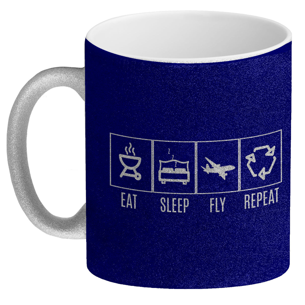 EAT, SLEEP, GAME, REPEAT Kaffeebecher mit blauem Hintergrund