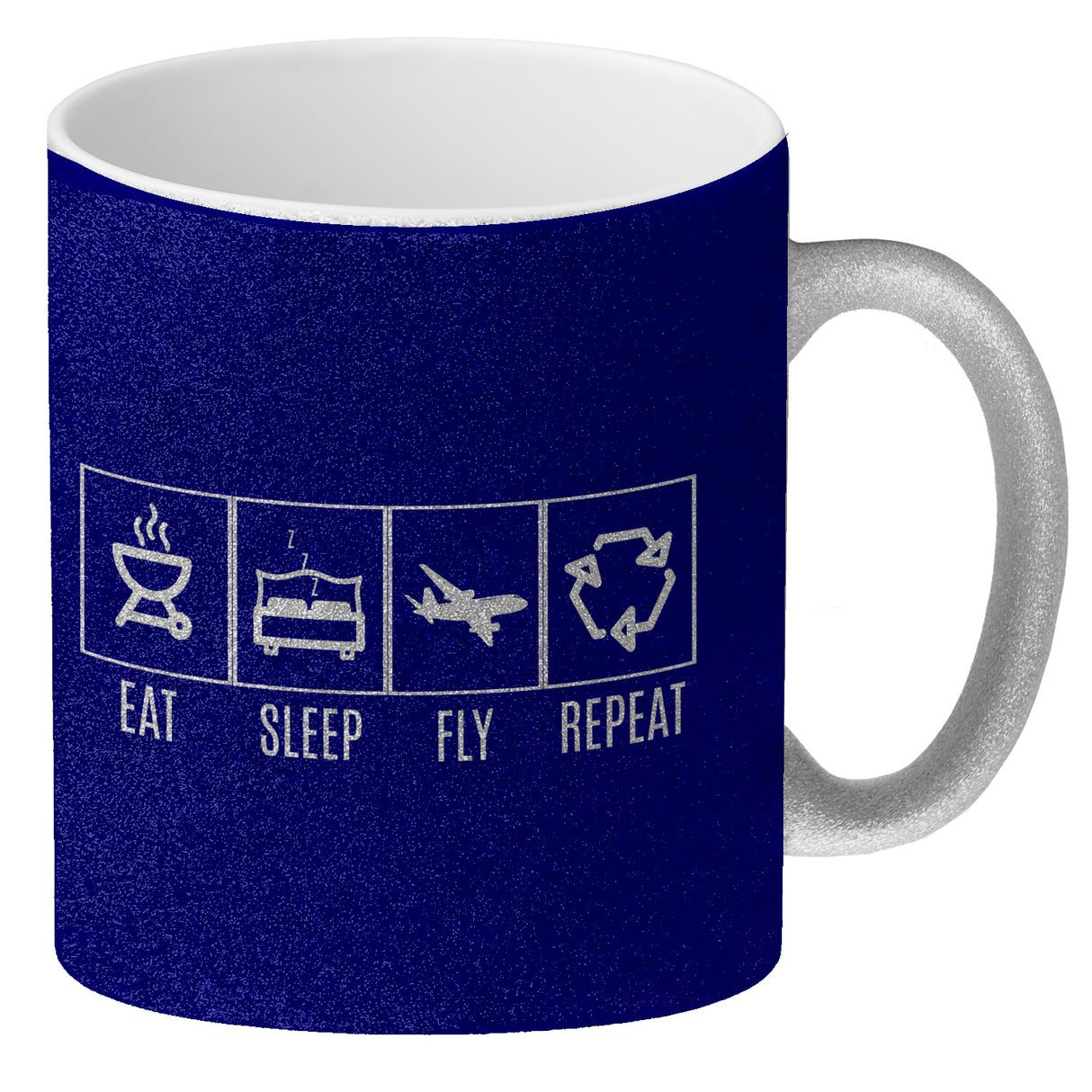 EAT, SLEEP, GAME, REPEAT Kaffeebecher mit blauem Hintergrund