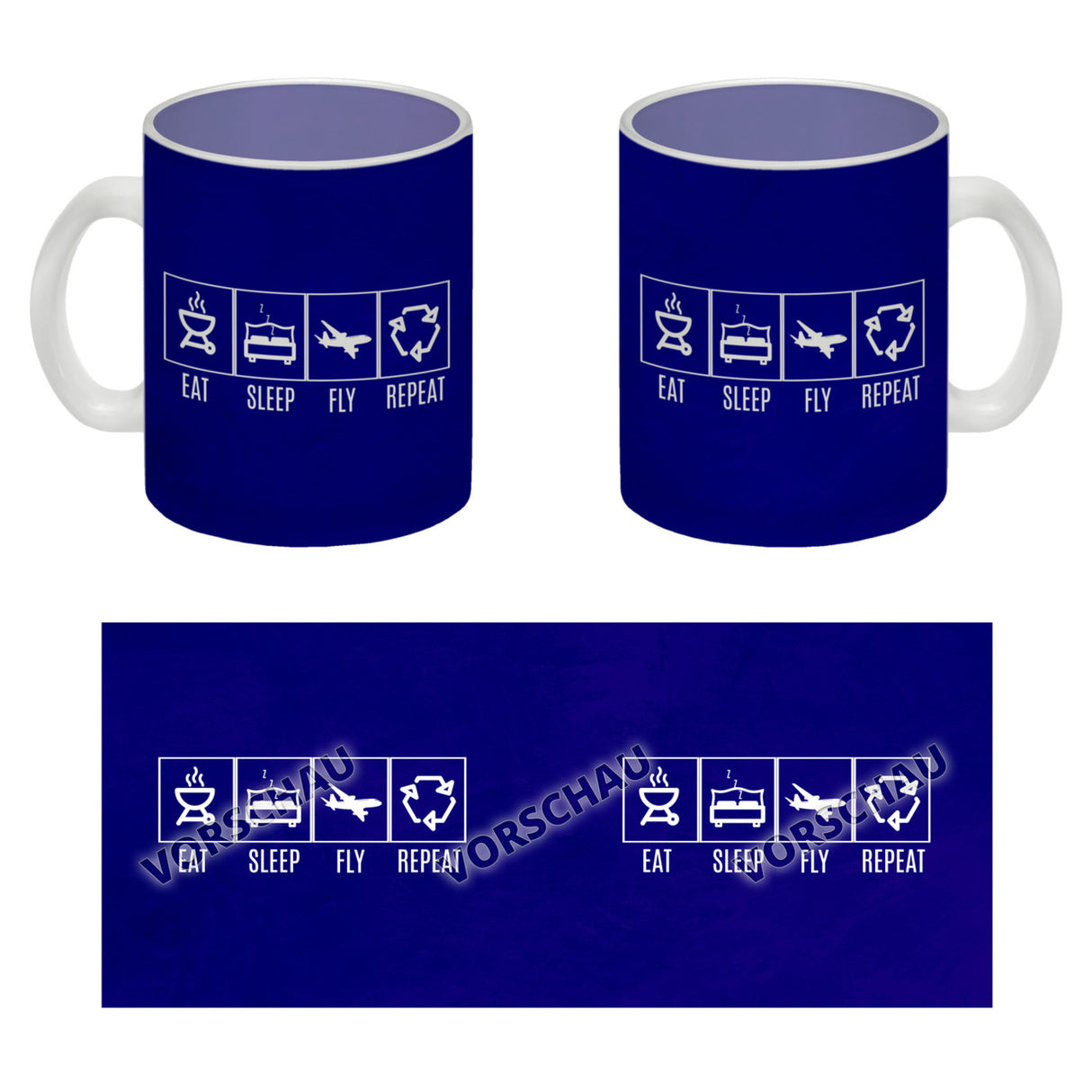 EAT, SLEEP, GAME, REPEAT Kaffeebecher mit blauem Hintergrund