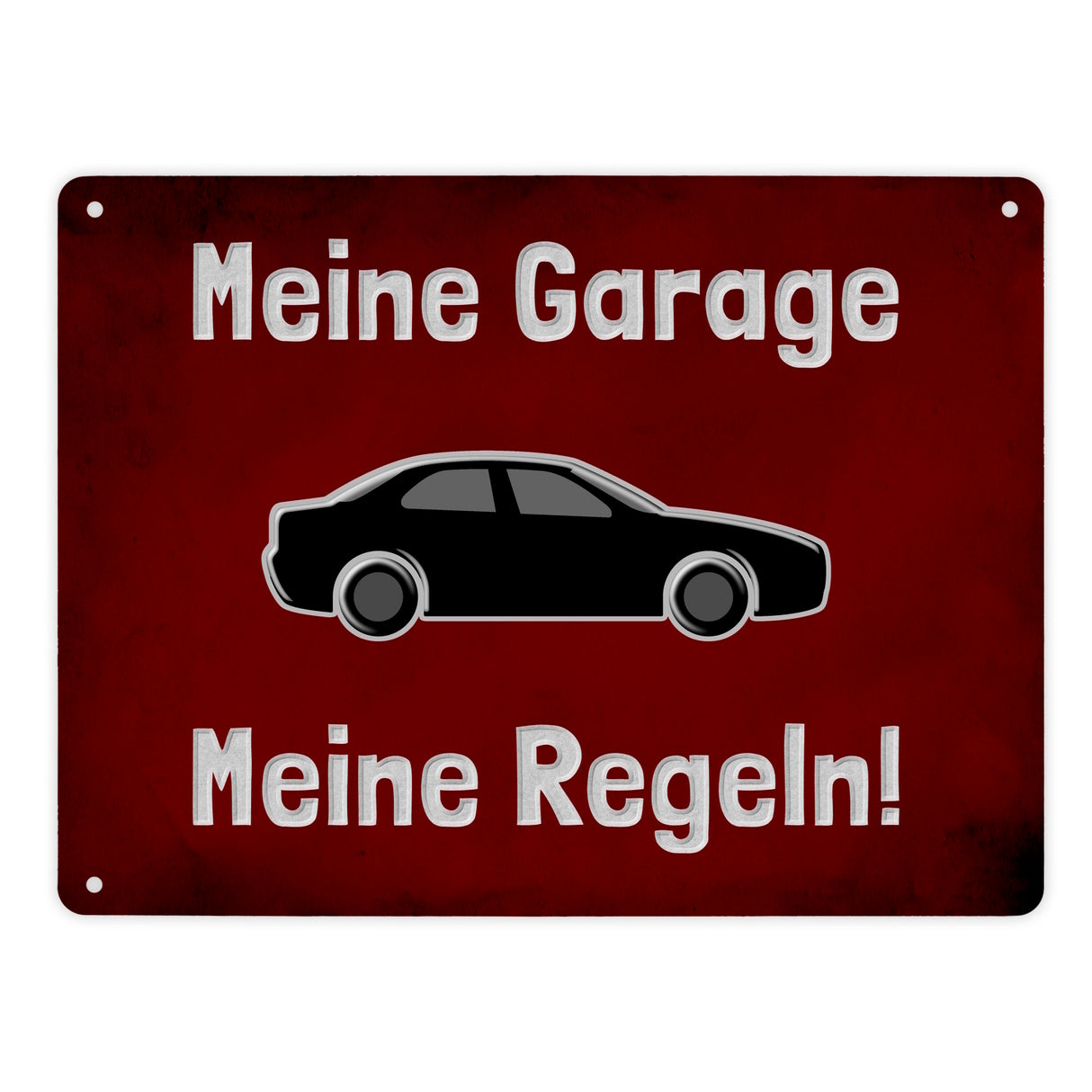 Meine Garage Meine Regeln! Metallschild in 15x20 cm mit Auto und rotem Hintergrund