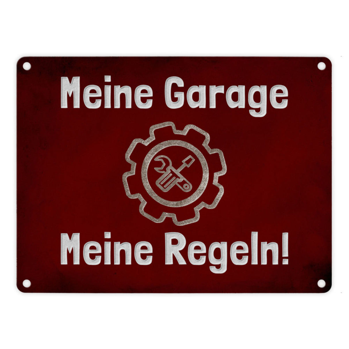 Meine Garage Meine Regeln! Metallschild in 15x20 cm mit Auto und rotem Hintergrund