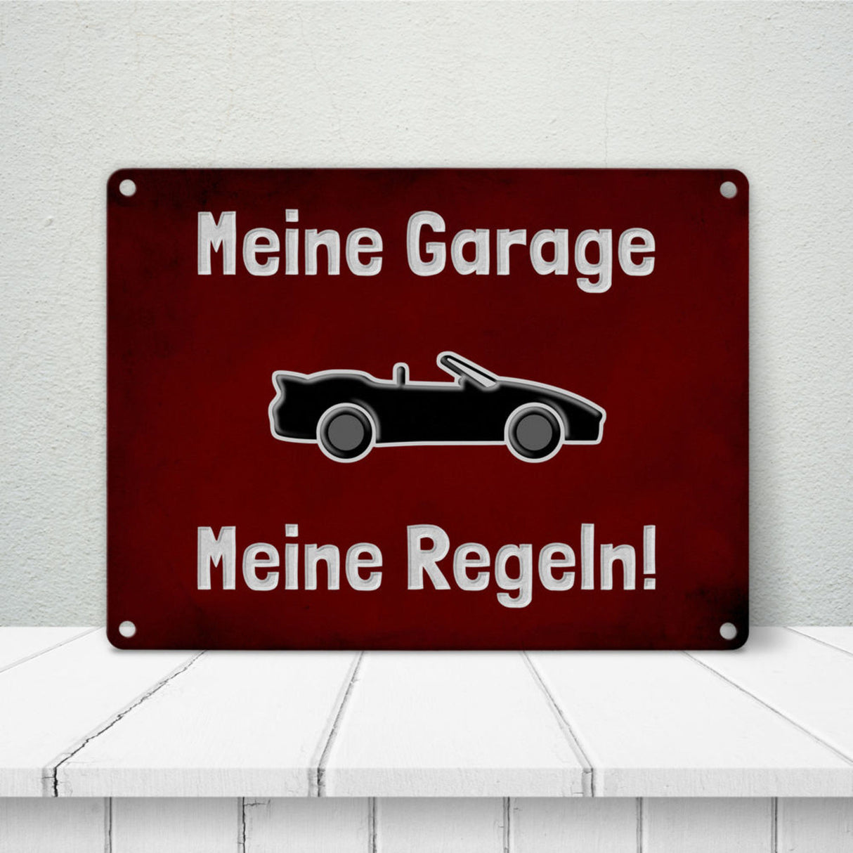 Meine Garage Meine Regeln! Metallschild in 15x20 cm mit Auto und rotem Hintergrund