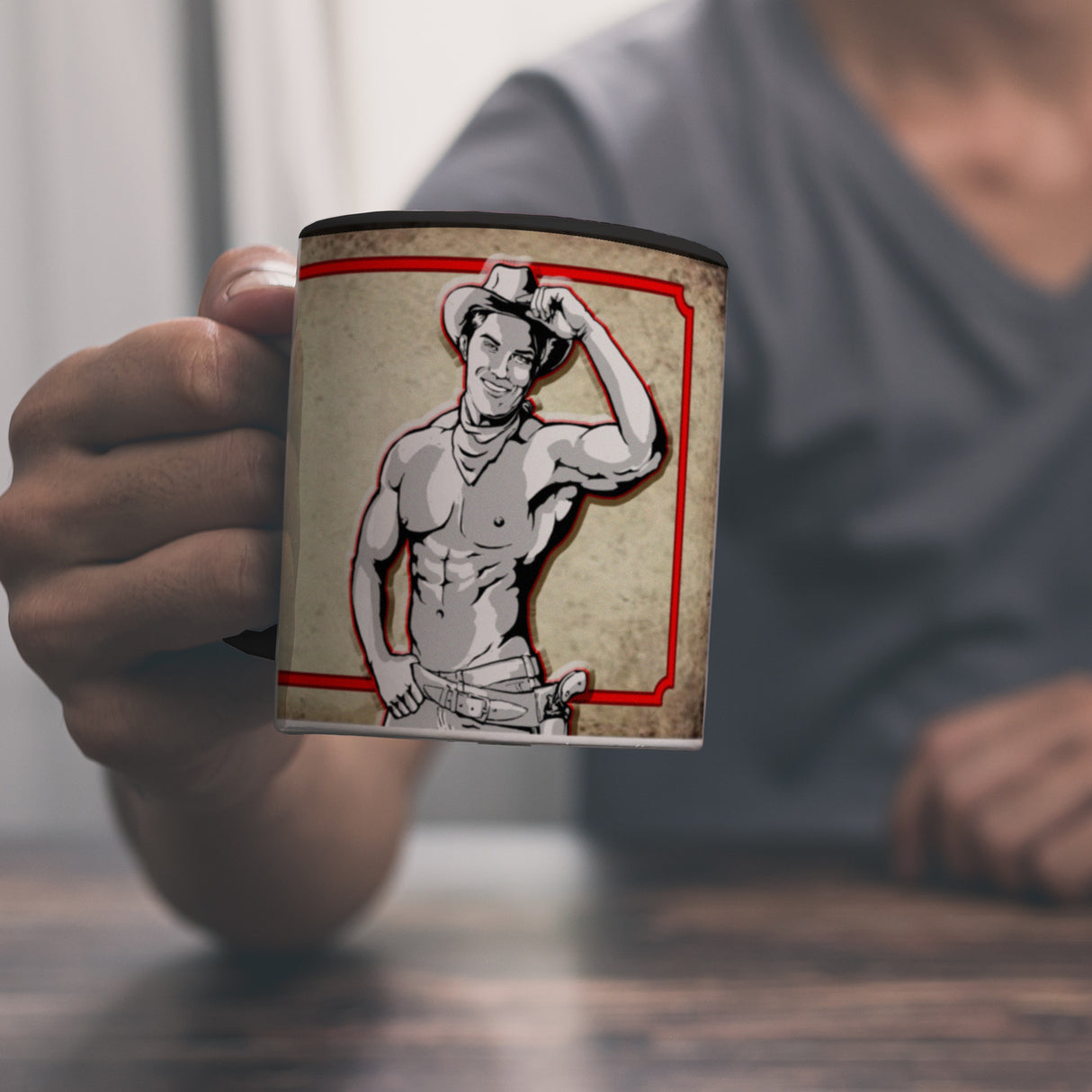 Kaffeebecher mit sexy Cowboy und Spruch - Ich will 'nen Cowboy als Mann
