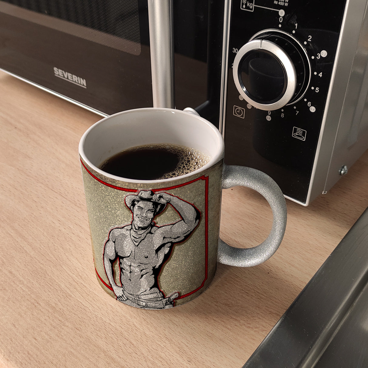 Kaffeebecher mit sexy Cowboy und Spruch - Ich will 'nen Cowboy als Mann