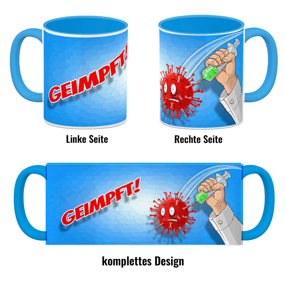 Kaffeebecher mit Virus und Spritzen Motiv - Geimpft! Lustiger Impfhumor