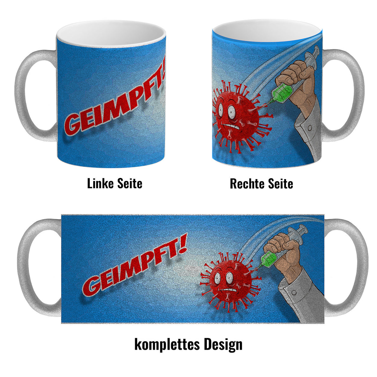 Kaffeebecher mit Virus und Spritzen Motiv - Geimpft! Lustiger Impfhumor