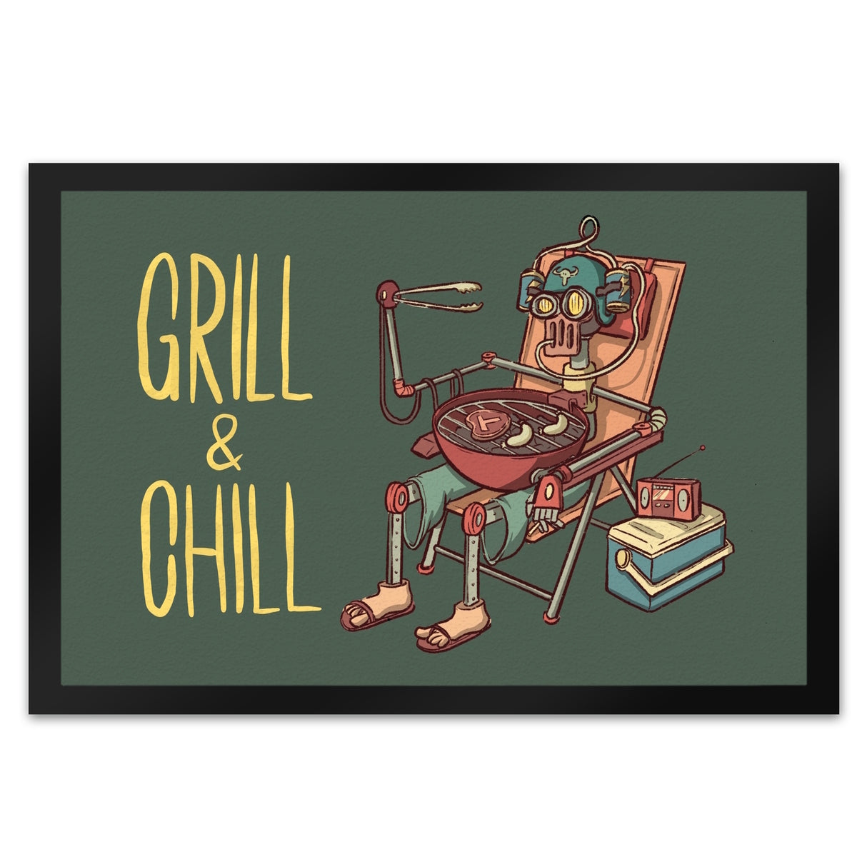 Fußmatte mit Grillmeister Motiv - Retro Grillroboter mit Spruch: Grill & Chill