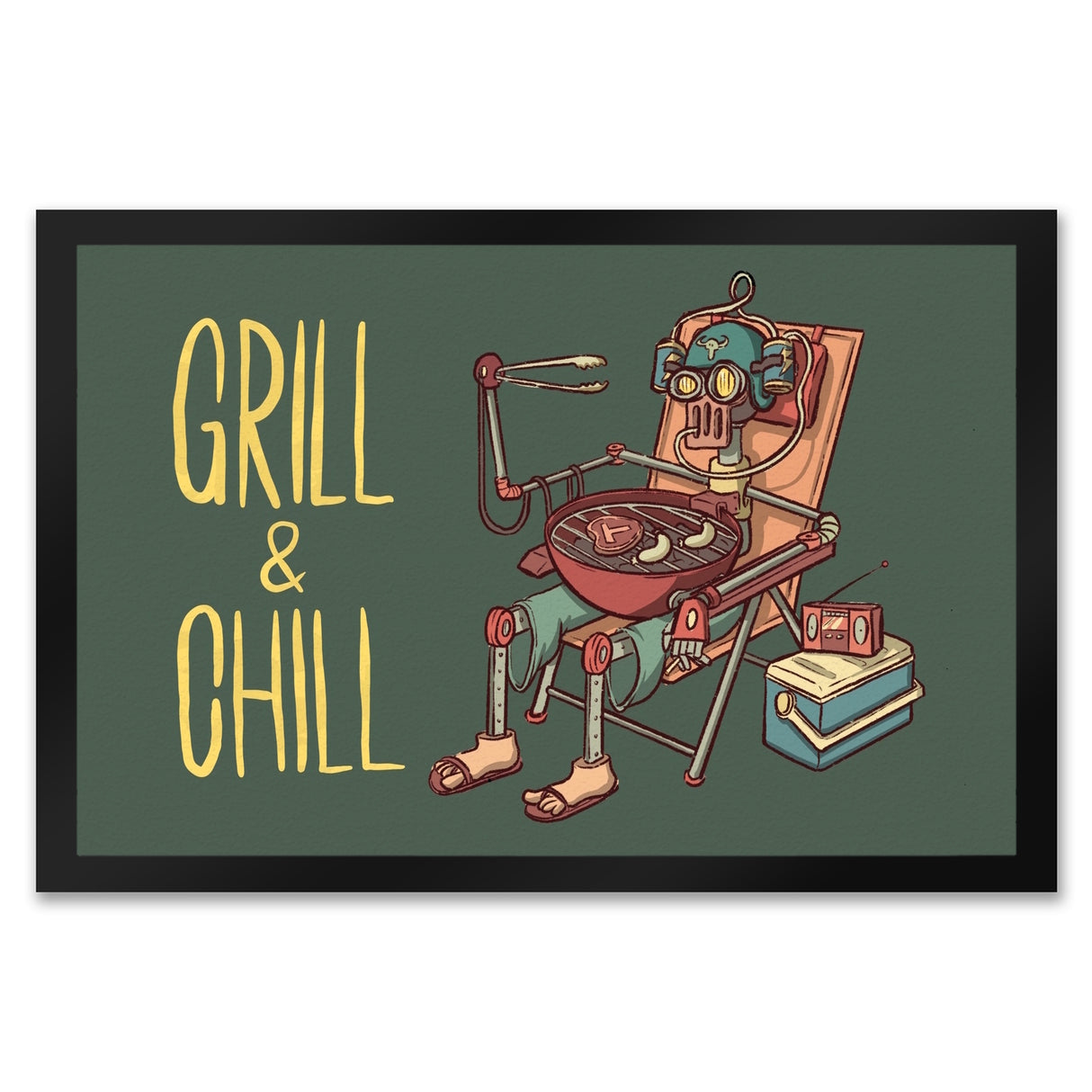 Fußmatte mit Grillmeister Motiv - Retro Grillroboter mit Spruch: Grill & Chill