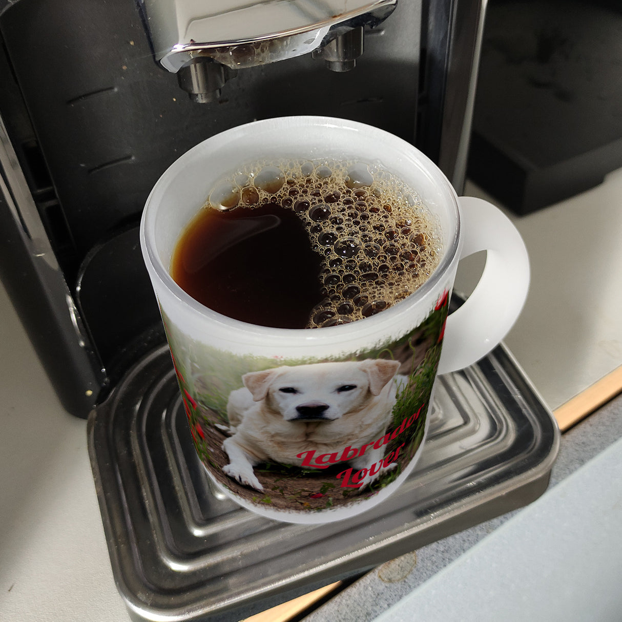 Kaffeetasse mit Fotomotiv Labrador Lover - Labrador im Mohnfeld