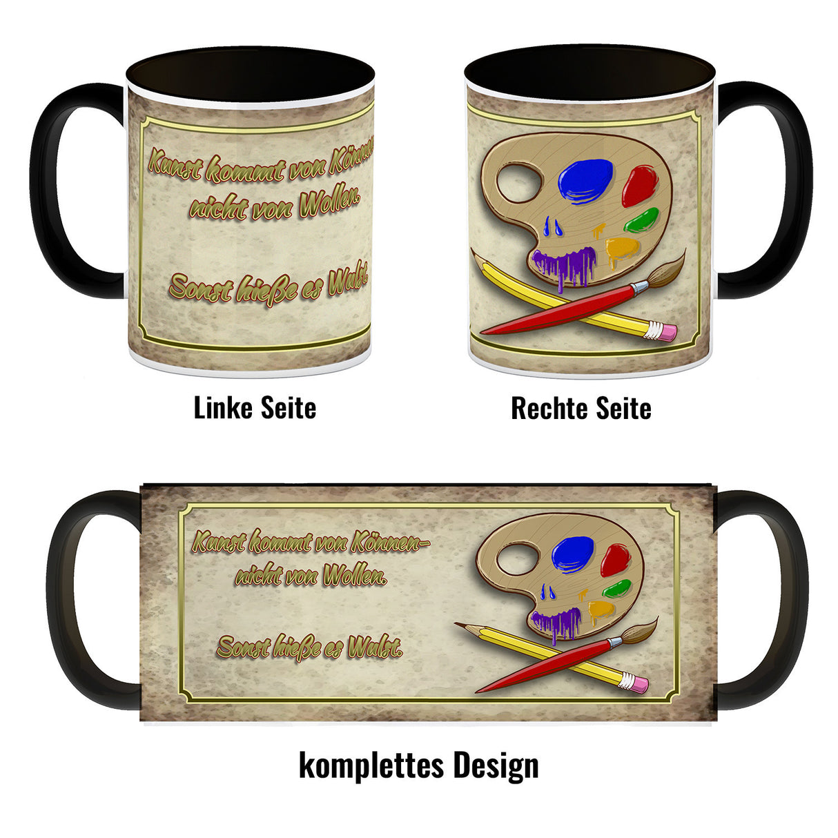 Kaffeebecher mit Motiv und Spruch - Kunst kommt von Können nicht von Wollen
