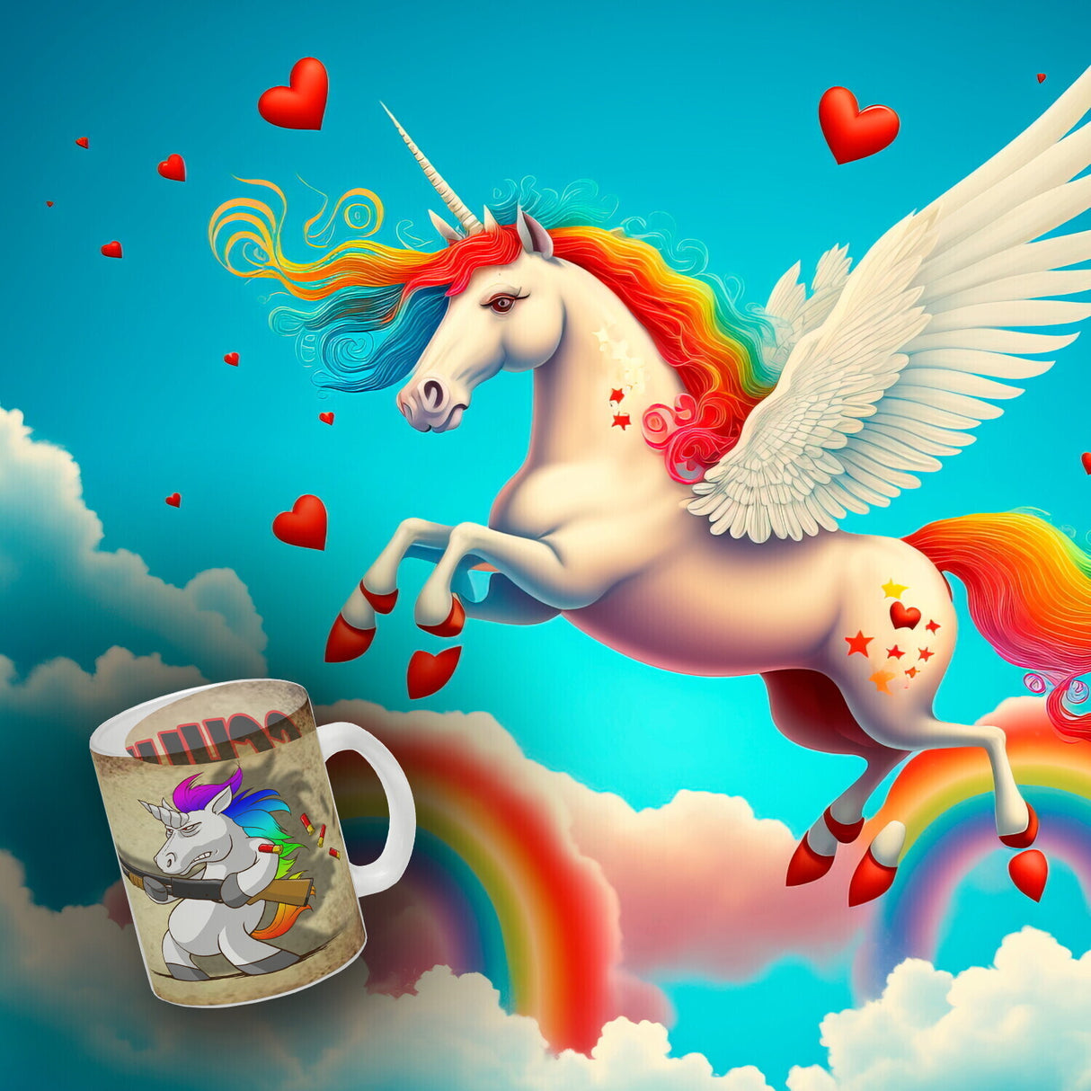 Kaffeebecher mit lustigem Einhorn mit Gewehr Motiv - SCHLUSS MIT LUSTIG!