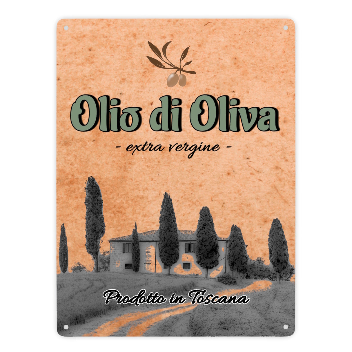 Metallschild in 15x20 cm mit mediterranem Olivenölmotiv Olio di Oliva für die Küche