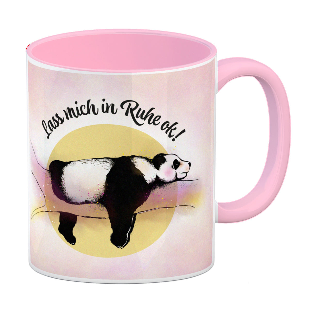 Panda auf einem Ast Kaffeebecher Lass mich in Ruhe ok! in bunten Farben