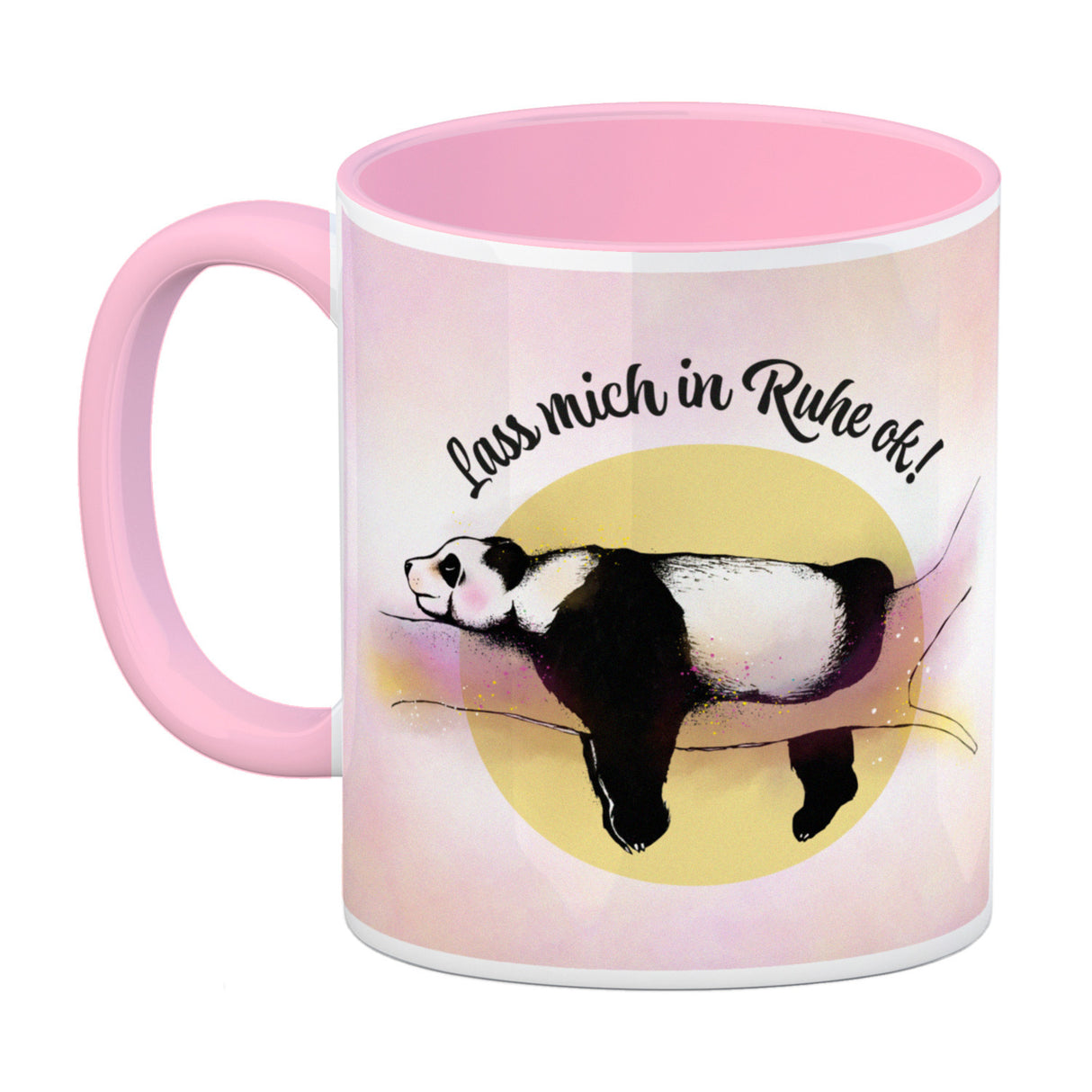 Panda auf einem Ast Kaffeebecher Lass mich in Ruhe ok! in bunten Farben