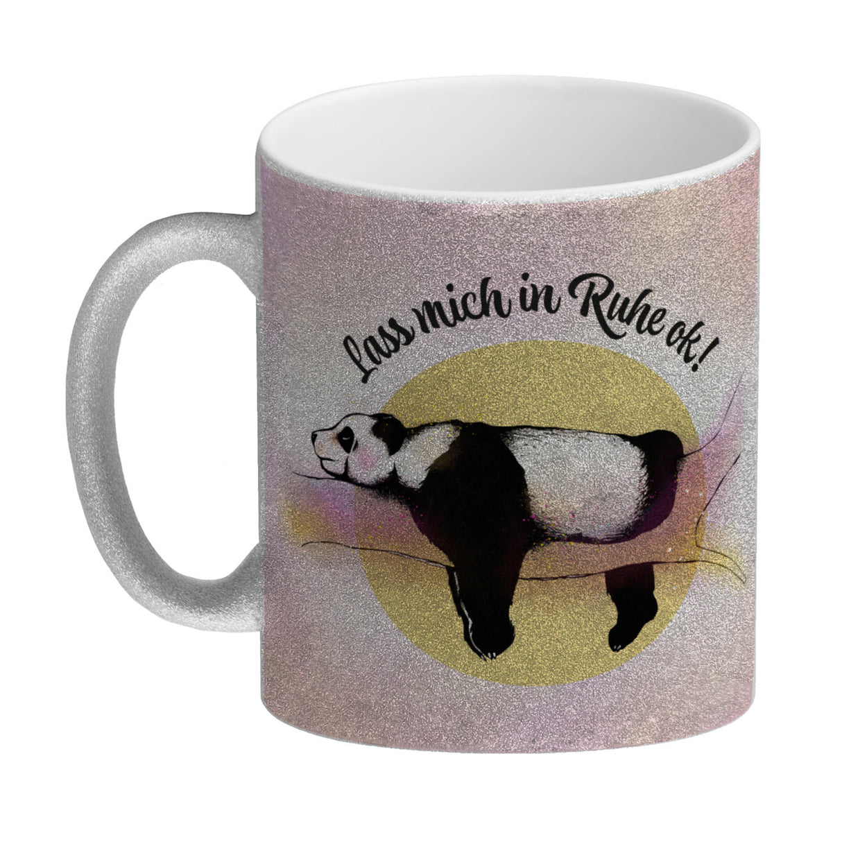 Panda auf einem Ast Kaffeebecher Lass mich in Ruhe ok! in bunten Farben