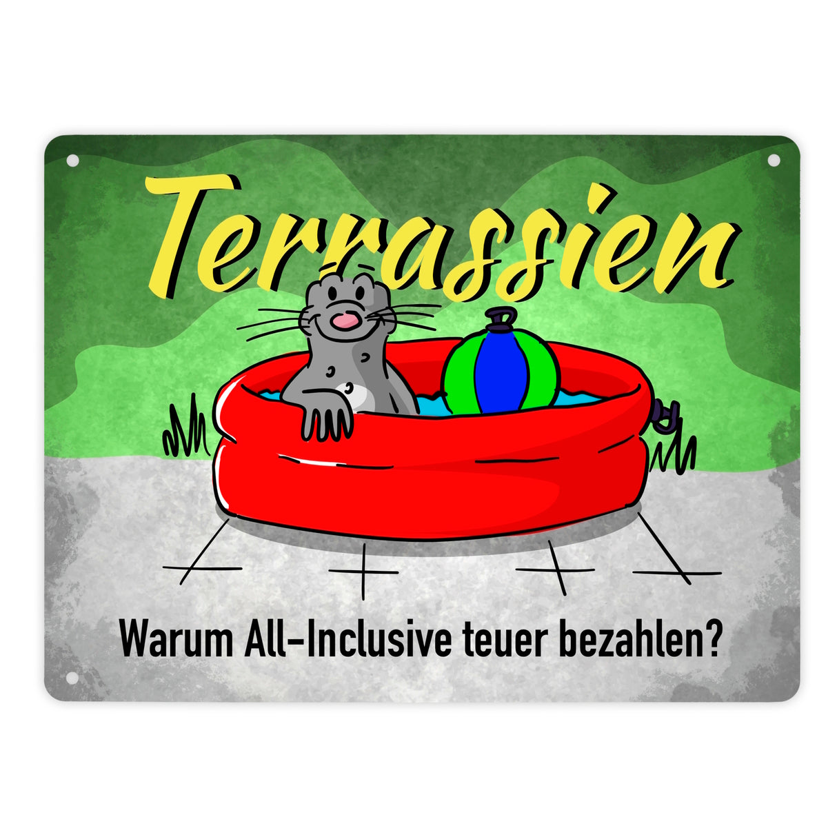 Terrassien Metallschild mit Seeleopard auf der Terrasse